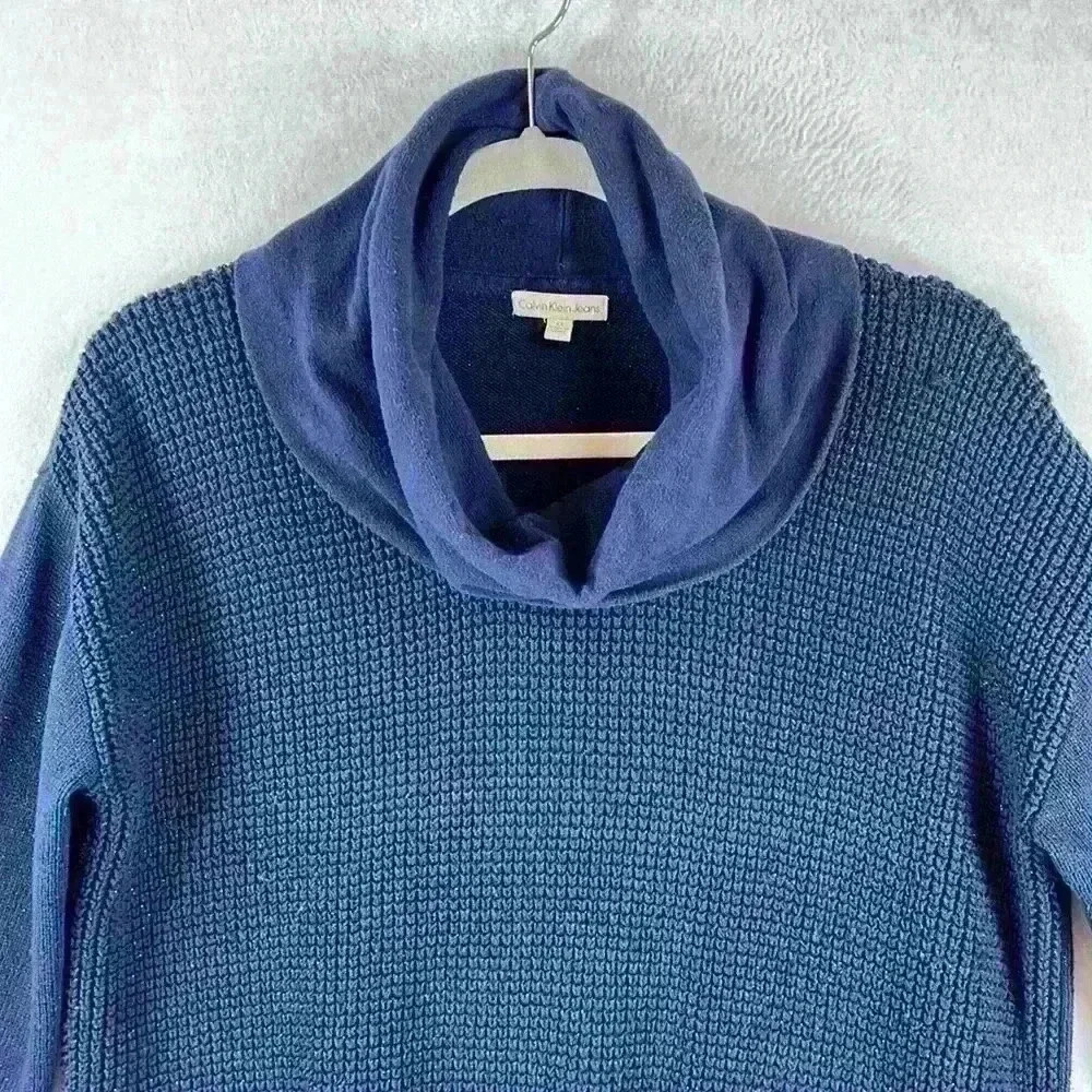 Calvin Klein Jeans Pullover Sweater Women’s Medium Navy Cowl Neck Cotton Blend - Picture 3 of 11
